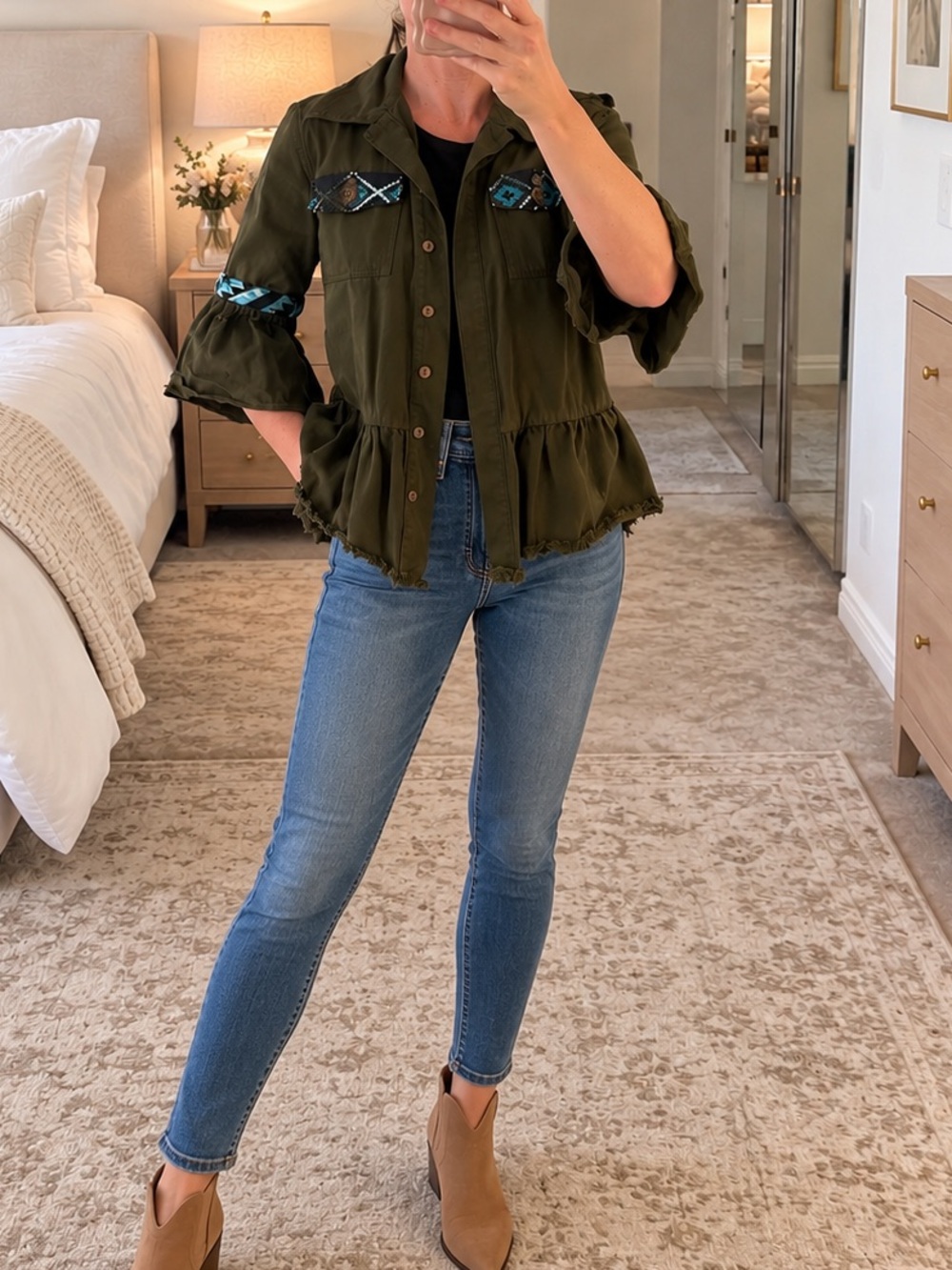 Olive Green Ruffle-Hem Utility Jacket with Embroidered Accents